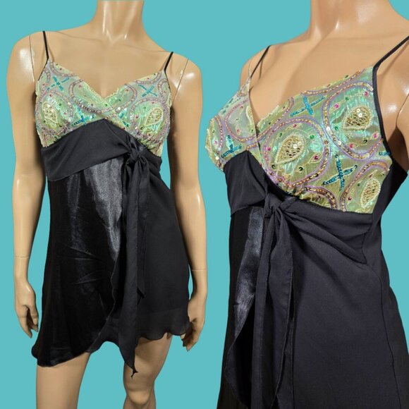 Vintage 90s Y2K Babydoll Top Size M Black Beaded Satin Sleeveless Boho Fairy - Picture 1 of 8